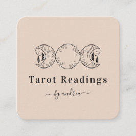 Tarjeta De Visita Cuadrada Boho Triple Moon & Feathers Beige Energy Healer