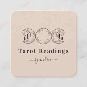 Tarjeta De Visita Cuadrada Boho Triple Moon & Feathers Beige Energy Healer