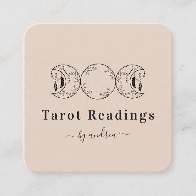 Tarjeta De Visita Cuadrada Boho Triple Moon & Feathers Beige Energy Healer (Anverso)