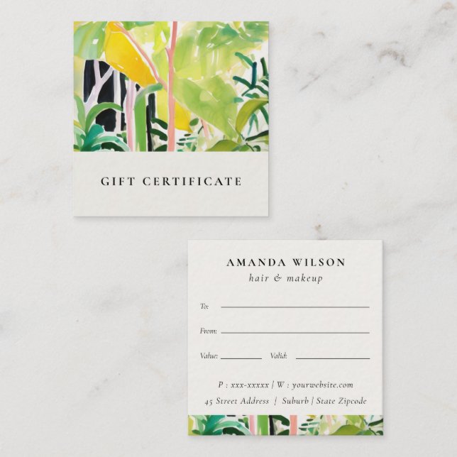 Tarjeta De Visita Cuadrada Boho Tropical Foliage Botanical Gift Certificate (Anverso / Reverso)