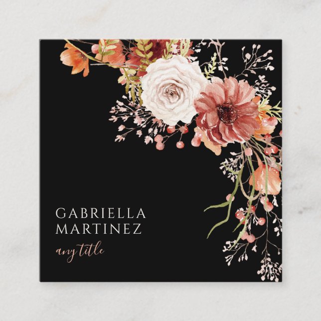 Tarjeta De Visita Cuadrada Boho Watercolor Floral Bouquet (Anverso)