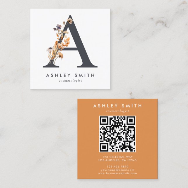 Tarjeta De Visita Cuadrada Boho Wildflower Código QR inicial (Anverso / Reverso)