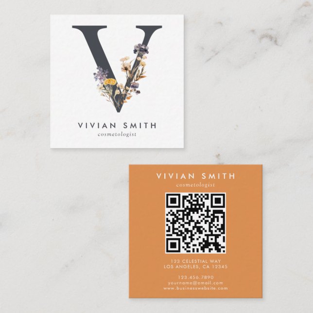 Tarjeta De Visita Cuadrada Boho Wildflower Inicial V Código QR (Anverso / Reverso)