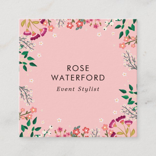 Tarjeta De Visita Cuadrada Boho Wildflowers Pink (Anverso)