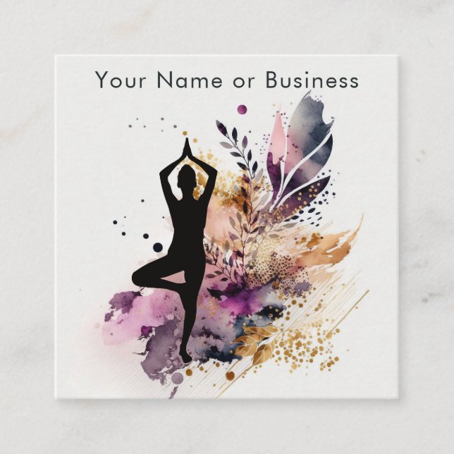 Tarjeta De Visita Cuadrada Boho Yoga moderno Meditación Púrpura, Naranja, Cre (Anverso)