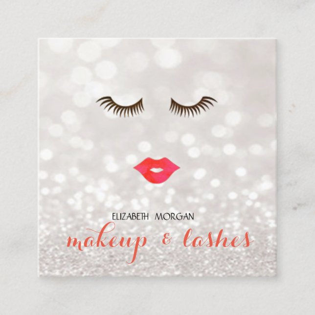 Tarjeta De Visita Cuadrada Bokeh Purpurinoso moderna, labios, latigazos, maqu (Anverso)