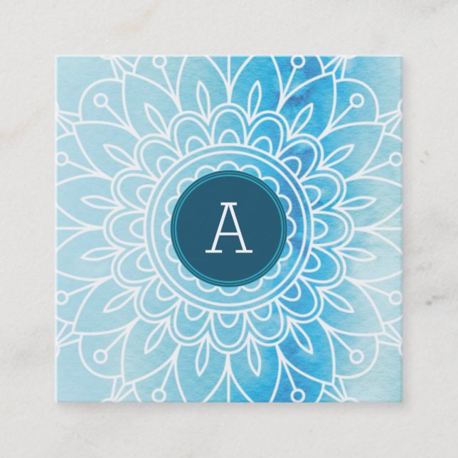 Tarjeta De Visita Cuadrada BONITO MONOGRAM moderno boho mandala patrón aqua (Anverso)