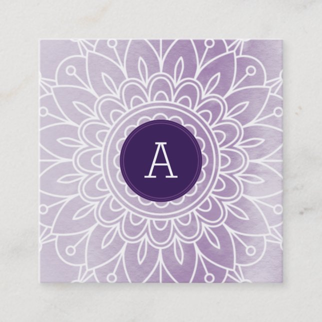 Tarjeta De Visita Cuadrada BONITO MONOGRAM moderno boho mandala patrón púrpur (Anverso)