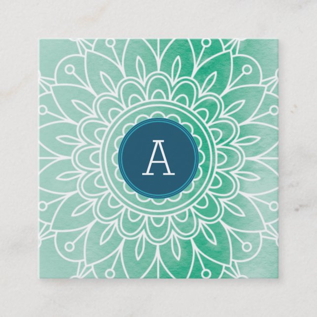 Tarjeta De Visita Cuadrada BONITO MONOGRAM moderno boho mandala patrón verde (Anverso)