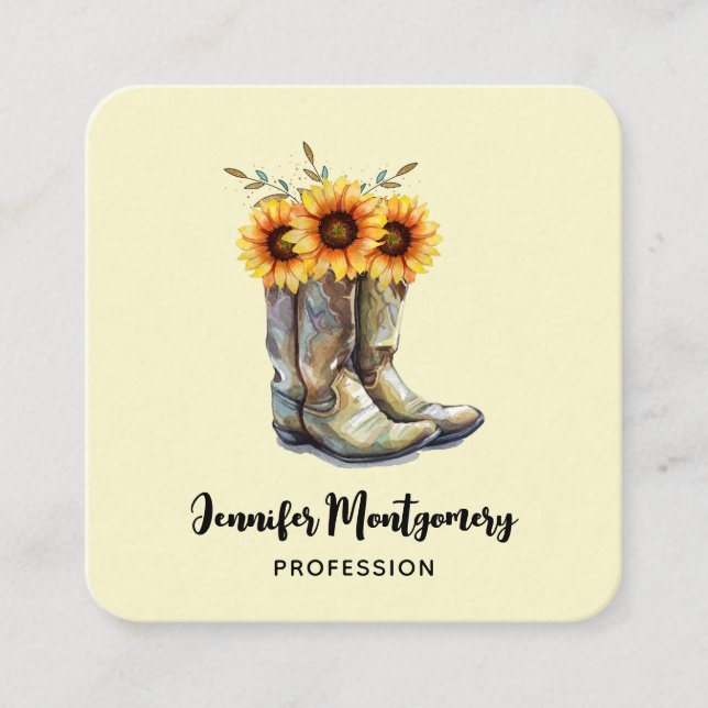 Tarjeta De Visita Cuadrada Boots rústicos de vaquero con girasoles (Anverso)