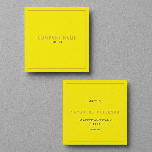 Tarjeta De Visita Cuadrada Borde dorado delgado amarillo neón (Thin gold border neon yellow square business card.)