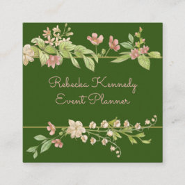 Tarjeta De Visita Cuadrada Borde floral rosa y verde acuarela
