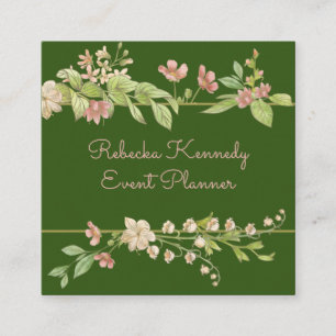 Tarjeta De Visita Cuadrada Borde floral rosa y verde acuarela