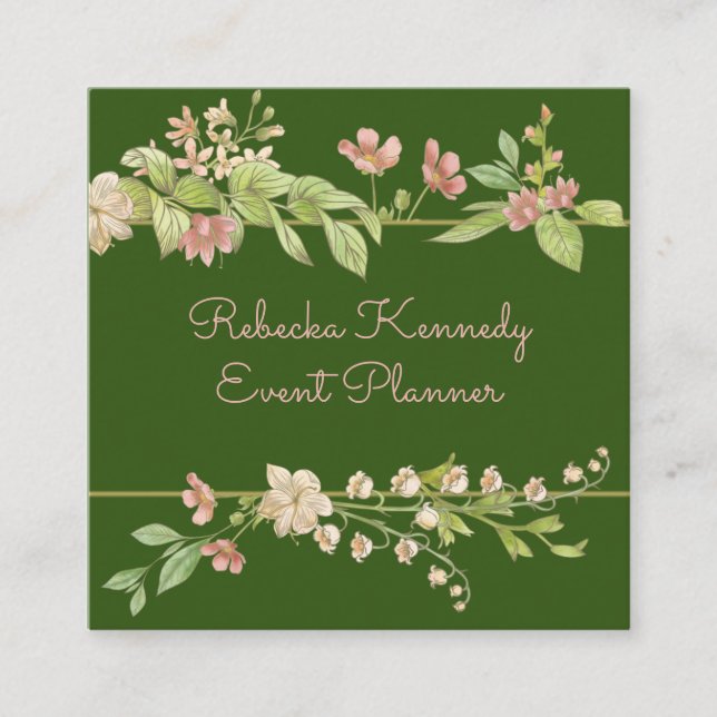 Tarjeta De Visita Cuadrada Borde floral rosa y verde acuarela (Anverso)