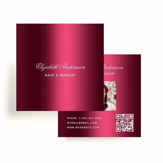 Tarjeta De Visita Cuadrada Borgoña foto qr nombre de código script elegante (Subido por el creador)
