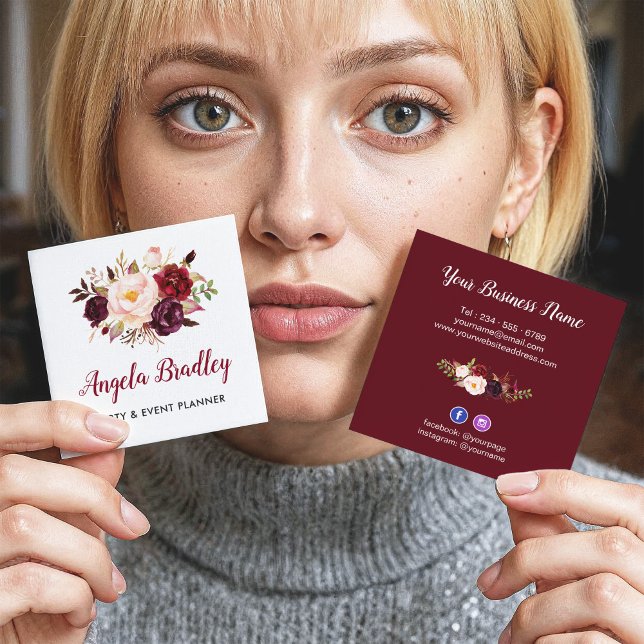Tarjeta De Visita Cuadrada Borgoña Red Rosa Floral Rustica Moda Personal (Subido por el creador)