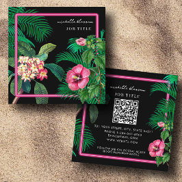 Tarjeta De Visita Cuadrada Botánicos tropicales de color neón Código QR Medio