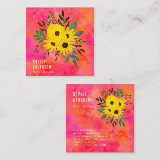 Tarjeta De Visita Cuadrada Bouquet de flores de girasol - Arte acuático rosa (Anverso / Reverso)