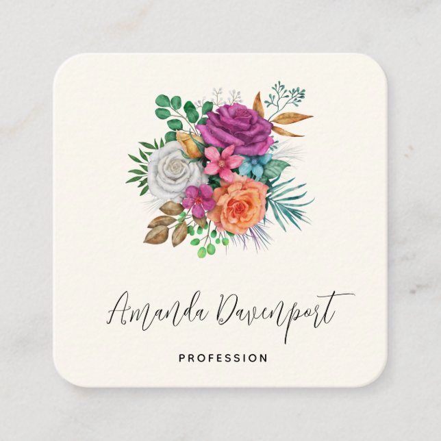 Tarjeta De Visita Cuadrada Bouquet floral rosa, Naranja y rosas blancas (Anverso)