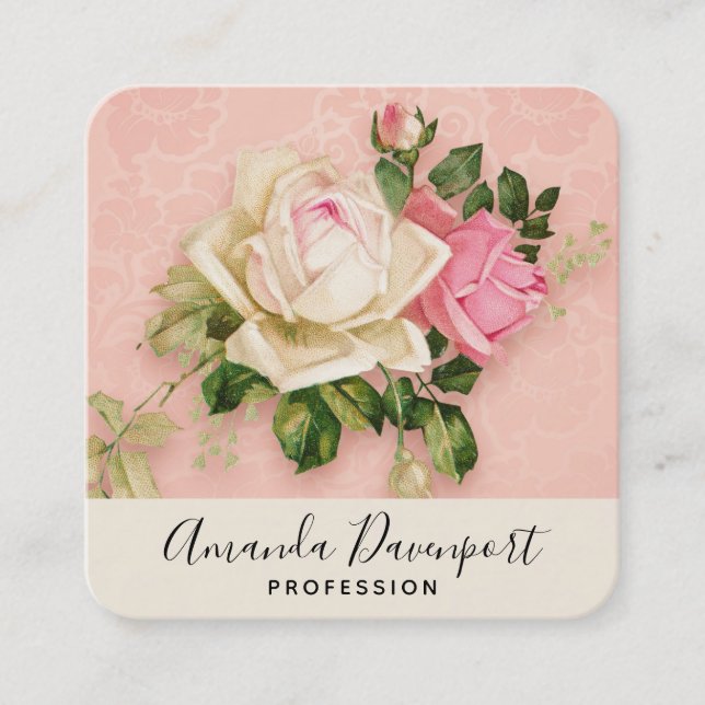 Tarjeta De Visita Cuadrada Bouquet rosa rosa blanco (Anverso)