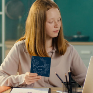 Tarjeta De Visita Cuadrada Boutique Shop Blue Navy Flores Gris logotipo QR