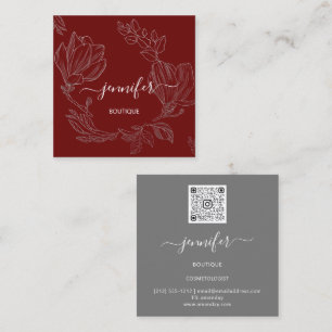 Tarjeta De Visita Cuadrada Boutique Shop Gray Burgundy Flowers QR Logo