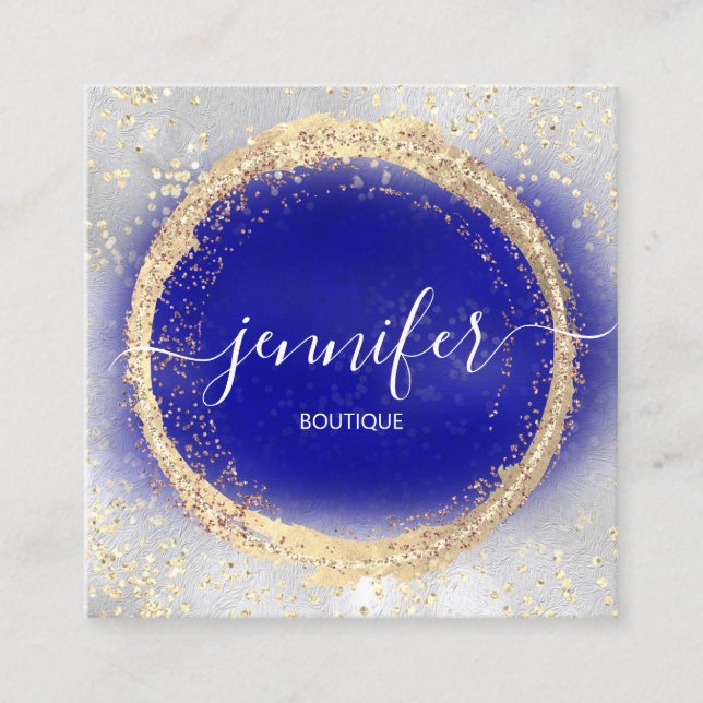 Tarjeta De Visita Cuadrada Boutique Shop Royal Blue Gold Silver (Anverso)