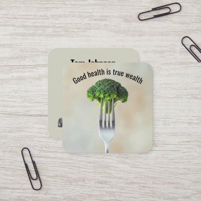 Tarjeta De Visita Cuadrada Broccoli Floret On a Fork With Quote (Anverso/Reverso In Situ)