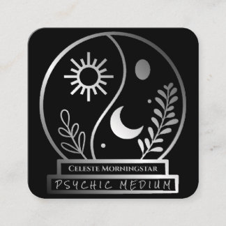 Tarjeta De Visita Cuadrada Brocha de cristal plateado Psíquica Media Luna Sol