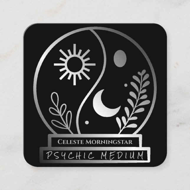 Tarjeta De Visita Cuadrada Brocha de cristal plateado Psíquica Media Luna Sol (Anverso)
