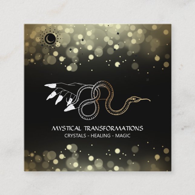 Tarjeta De Visita Cuadrada *~* Brujería Mano Dorada Luna Magia Boho Negro (Anverso)