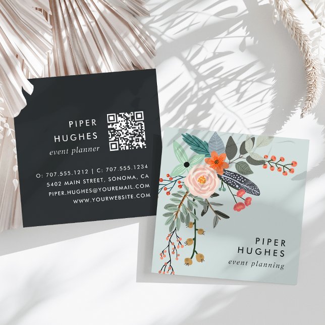 Tarjeta De Visita Cuadrada Bruma | Boho Floral QR Code (Subido por el creador)