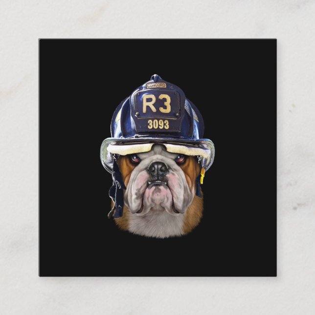Tarjeta De Visita Cuadrada Bulldog inglés gruñón con casco para bomberos (Anverso)