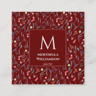Tarjeta De Visita Cuadrada BURGUNDY Floral MONOGRAM Personalizado Scripting