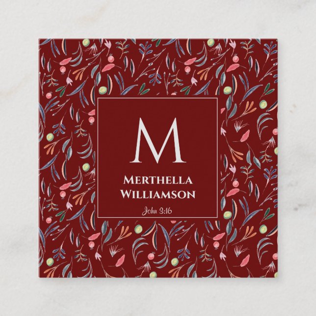 Tarjeta De Visita Cuadrada BURGUNDY Floral MONOGRAM Personalizado Scripting (Anverso)