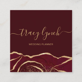 Tarjeta De Visita Cuadrada Burgundy Gold Caligrafía de Letra Manuscrita