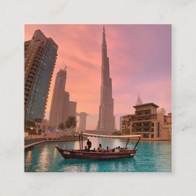 Tarjeta De Visita Cuadrada Burj Khalifa Bote Lake Cityscape        (Anverso)