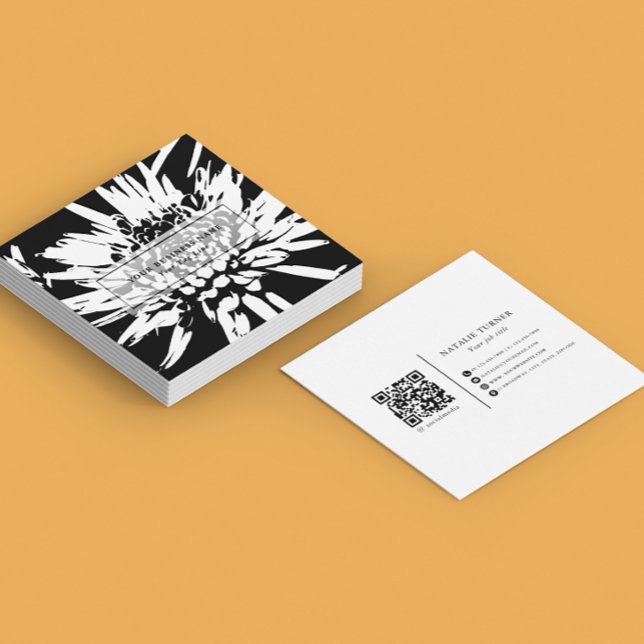 Tarjeta De Visita Cuadrada ©Bursting Joy/ Modern Black n White Floral Design (Subido por el creador)