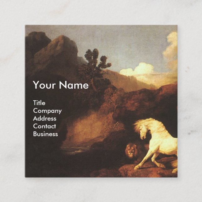 TARJETA DE VISITA CUADRADA CABALLO BLANCO Y LION / SÍMBOLO VETERINARIO CADUCE (Anverso)