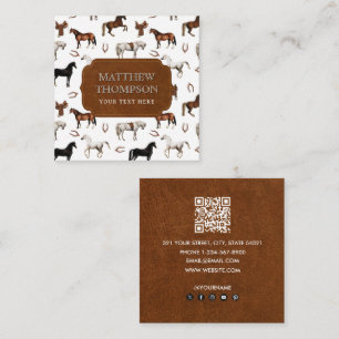 Tarjeta De Visita Cuadrada Caballos Acuarela Herradura Sillas de montar para
