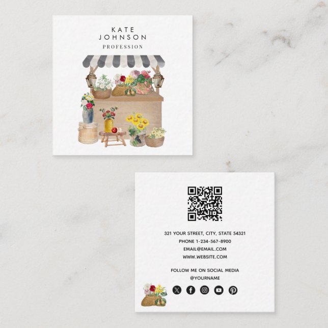 Tarjeta De Visita Cuadrada Cabecera de carrito de flores de mercado para agri (Anverso / Reverso)