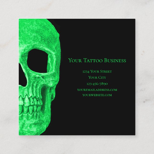 Tarjeta De Visita Cuadrada Cabeza de cráneo gótica Neon Green Tattoo Shop (Reverso)