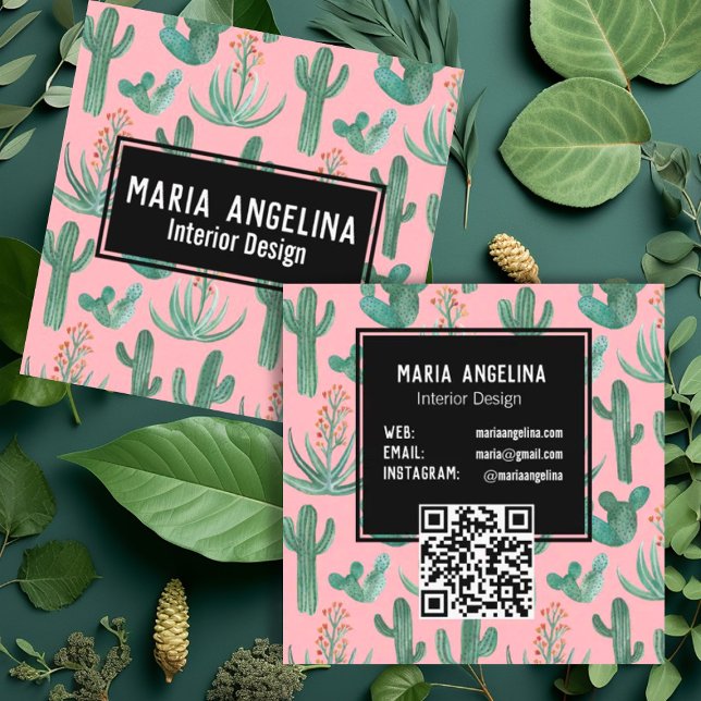 Tarjeta De Visita Cuadrada Cactus del desierto y suculentas acuarela QR Códig (Watercolor cacti decorate these pink and green square business cards with custom QR codes)