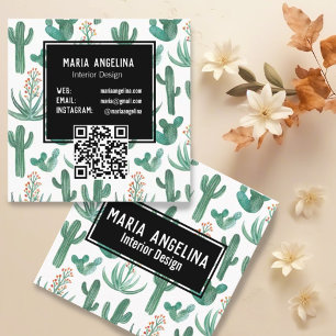 Tarjeta De Visita Cuadrada Cactus del desierto y suculentos acuarela Código Q