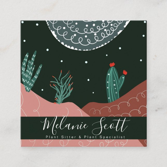 Tarjeta De Visita Cuadrada Cactus Dune Ilustración Jardín Planta Sitter Botan (Anverso)