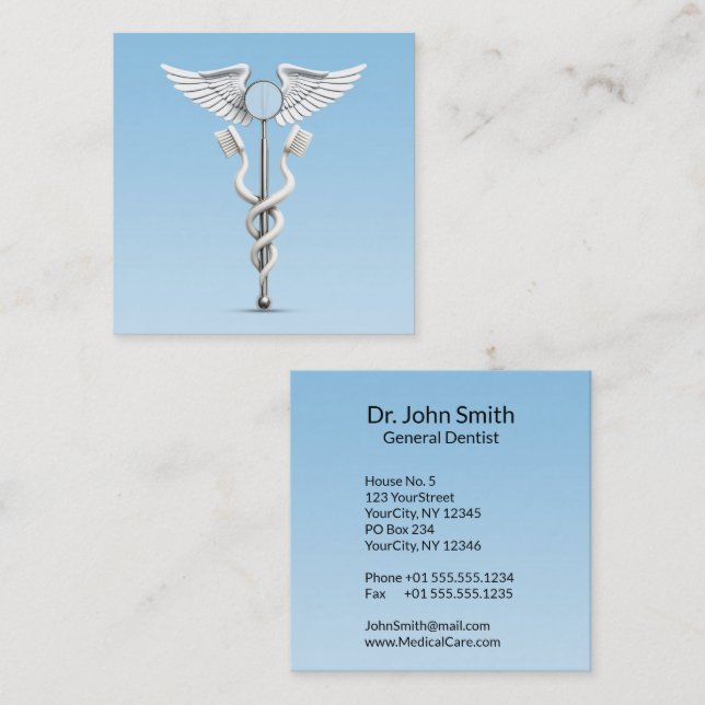 Tarjeta De Visita Cuadrada Caduceus Dental Mirror White Toothcel Médico (Anverso / Reverso)