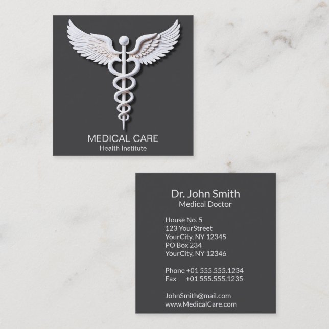 Tarjeta De Visita Cuadrada Caduceus Limpio Blanco Detallado Cálido Gris Médic (Anverso / Reverso)