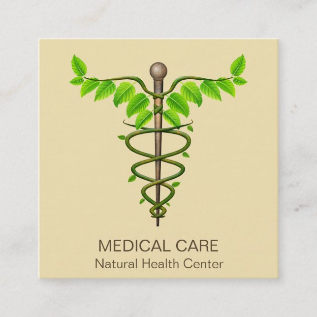 Tarjeta De Visita Cuadrada Caducto médico alternativo Verde deja beige (Anverso)