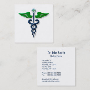 Tarjeta De Visita Cuadrada Caducto médico azul Alas verdes cruz elegante
