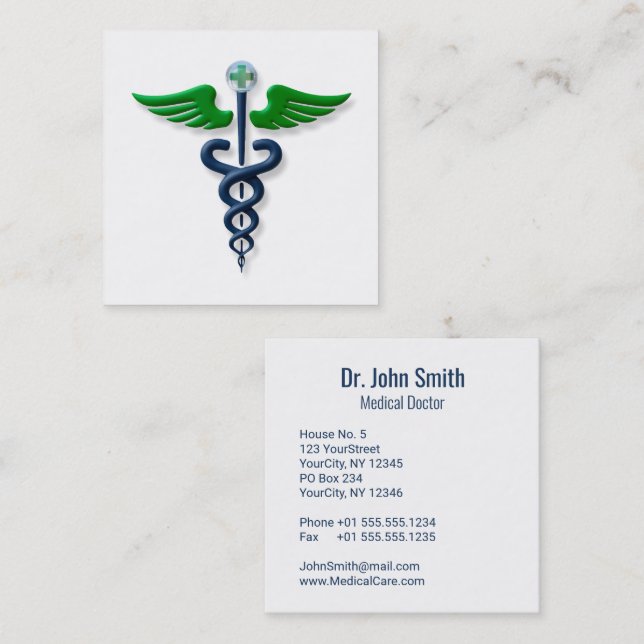 Tarjeta De Visita Cuadrada Caducto médico azul Alas verdes cruz elegante (Anverso / Reverso)